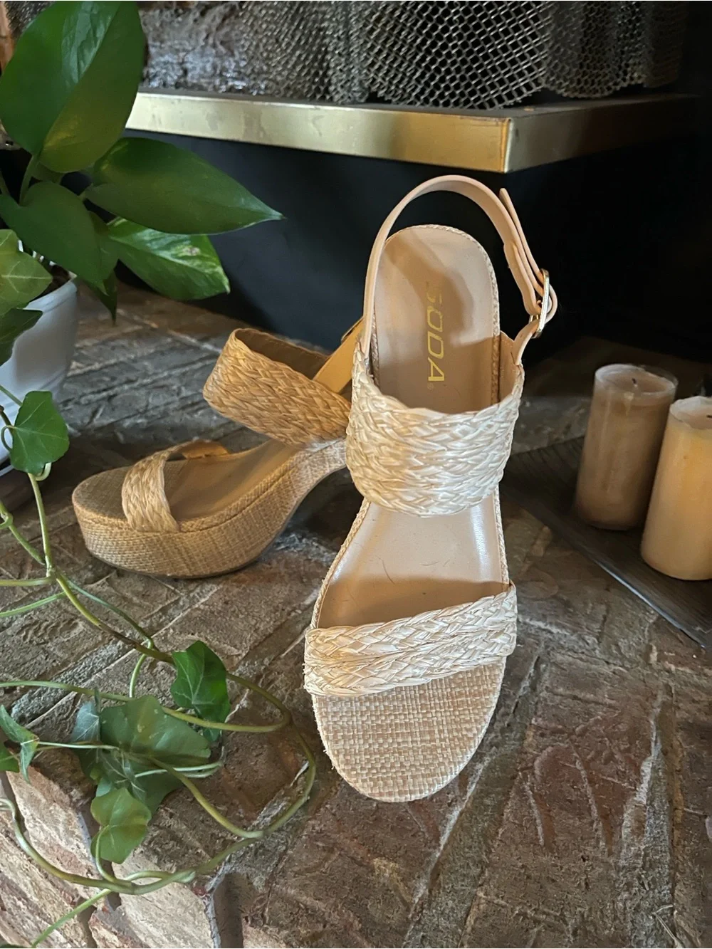 Woven Cream Platform Sandals with Ankle Strap by Soda